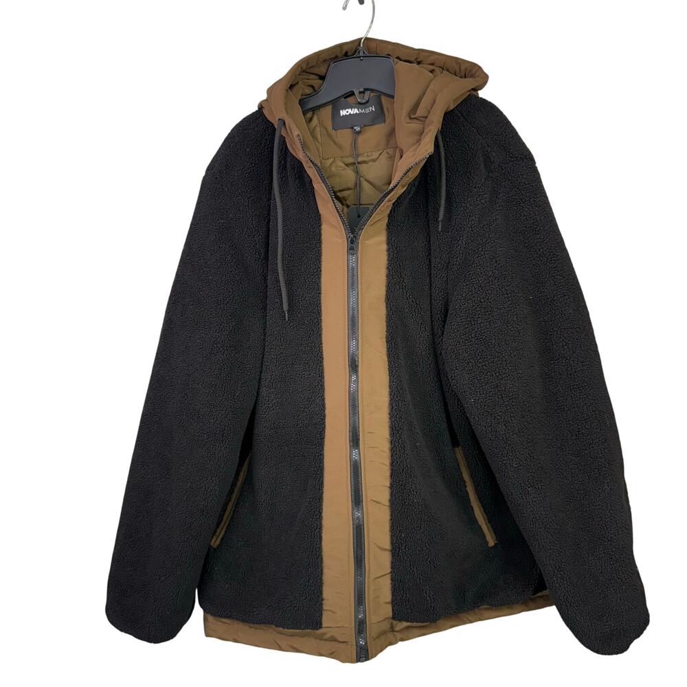 Fashion Nova NEW With Tags Theodore Jacket Sherpa Midweight XXL Black Tan Hoodie